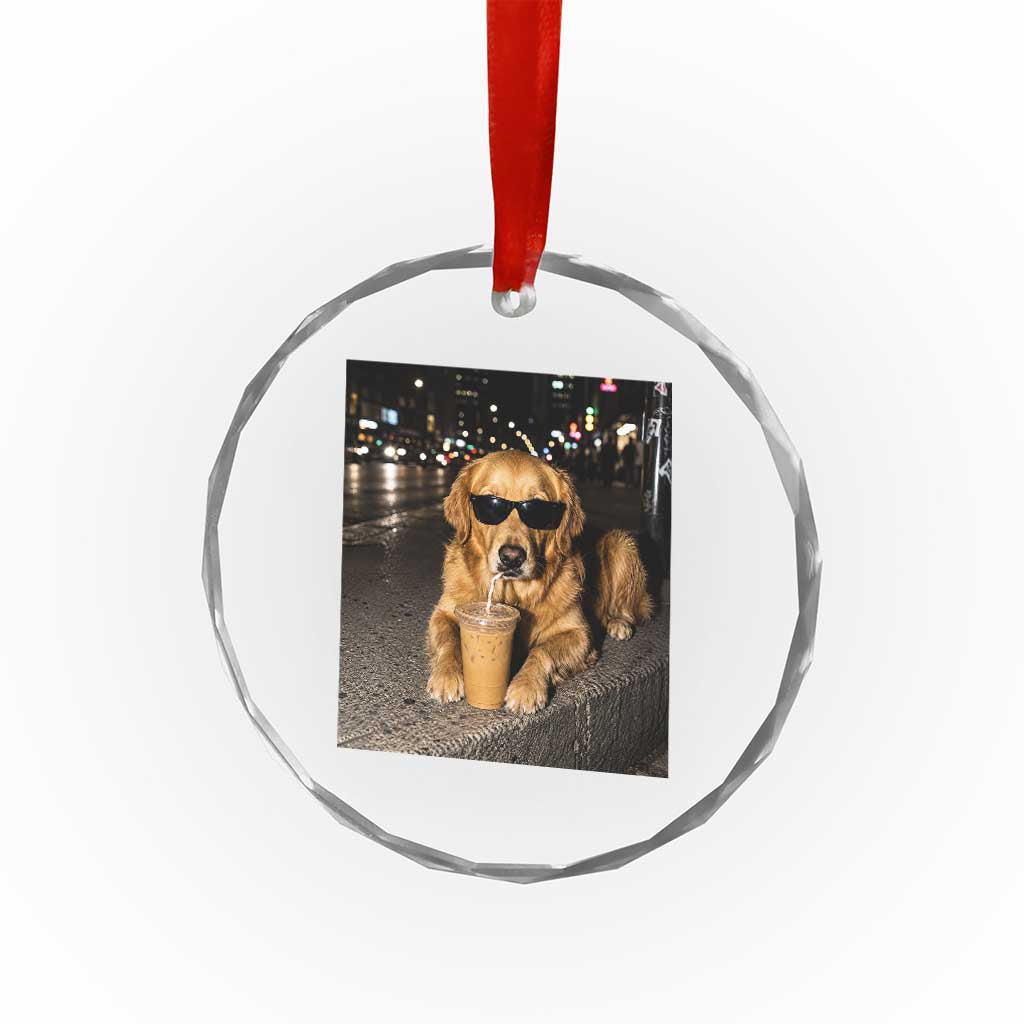 Funny Golden Retriever Iced Coffee Crystal Glass Ornament Grunge Silly Meme Graphic Funny Dog Lover
