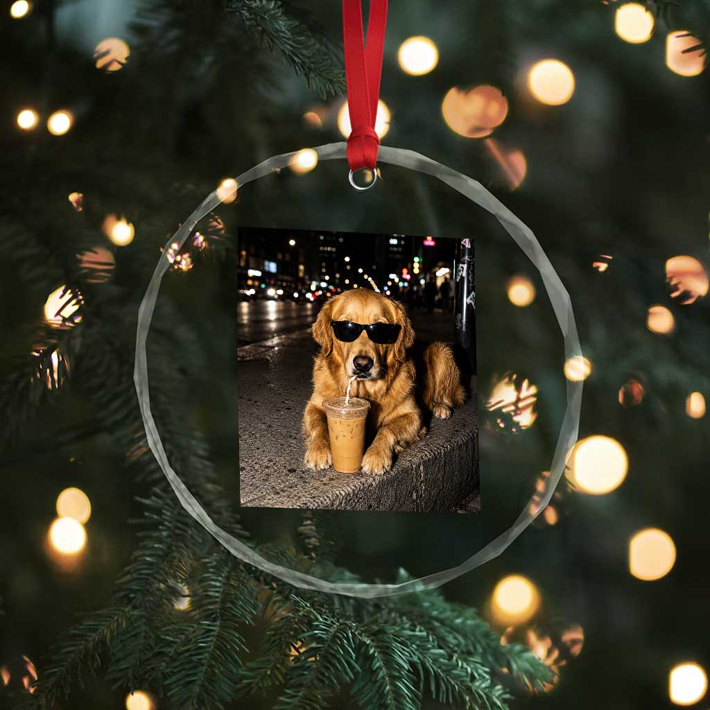 Funny Golden Retriever Iced Coffee Crystal Glass Ornament Grunge Silly Meme Graphic Funny Dog Lover