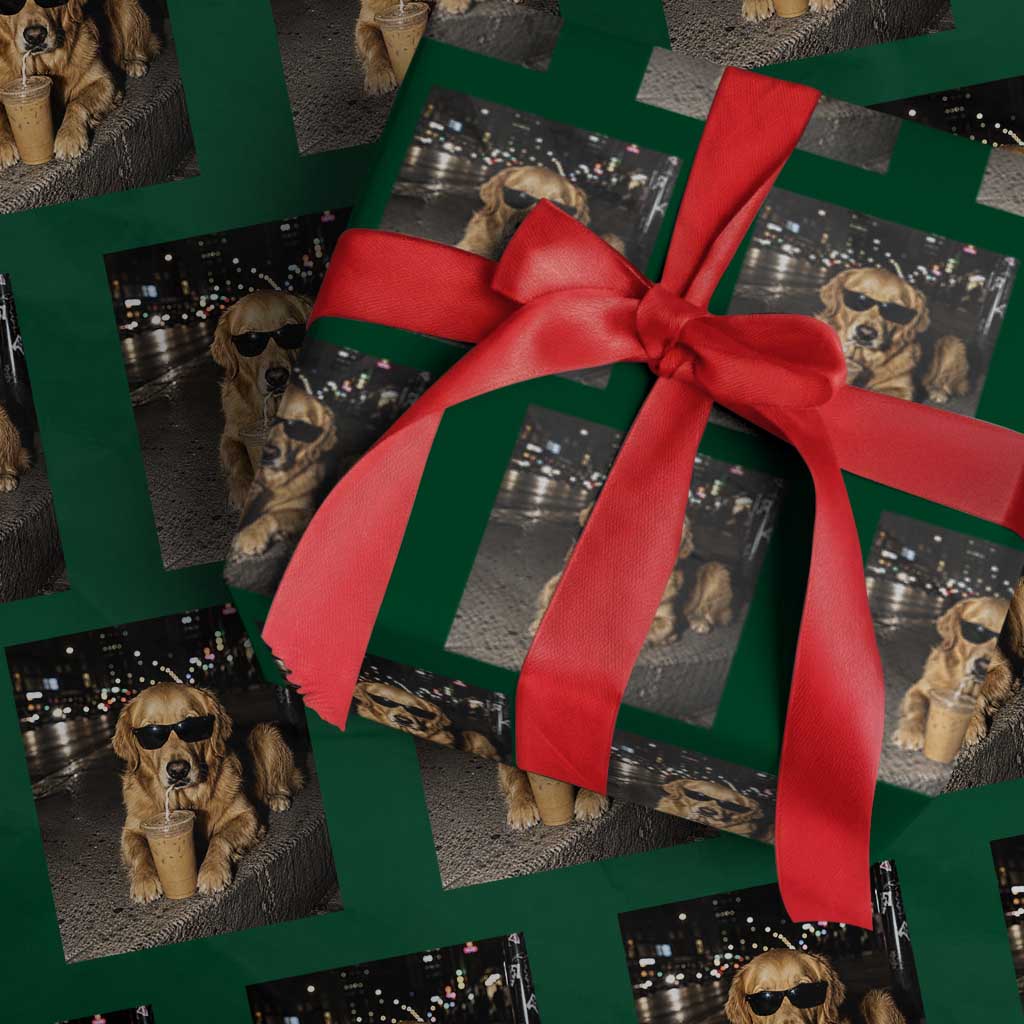 Funny Golden Retriever Iced Coffee Wrapping Paper Roll Grunge Silly Meme Graphic Funny Dog Lover TS10 Green Print Your Wear