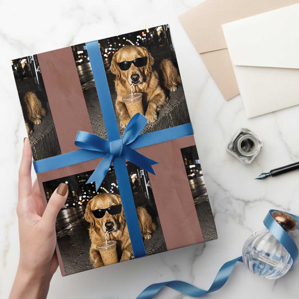 Funny Golden Retriever Iced Coffee Wrapping Paper Roll Grunge Silly Meme Graphic Funny Dog Lover