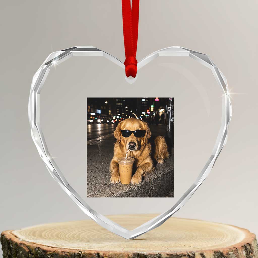 Funny Golden Retriever Iced Coffee Heart Crystal Glass Ornament Grunge Silly Meme Graphic Funny Dog Lover TS10 Transparent Glass 3'' Heart Print Your Wear