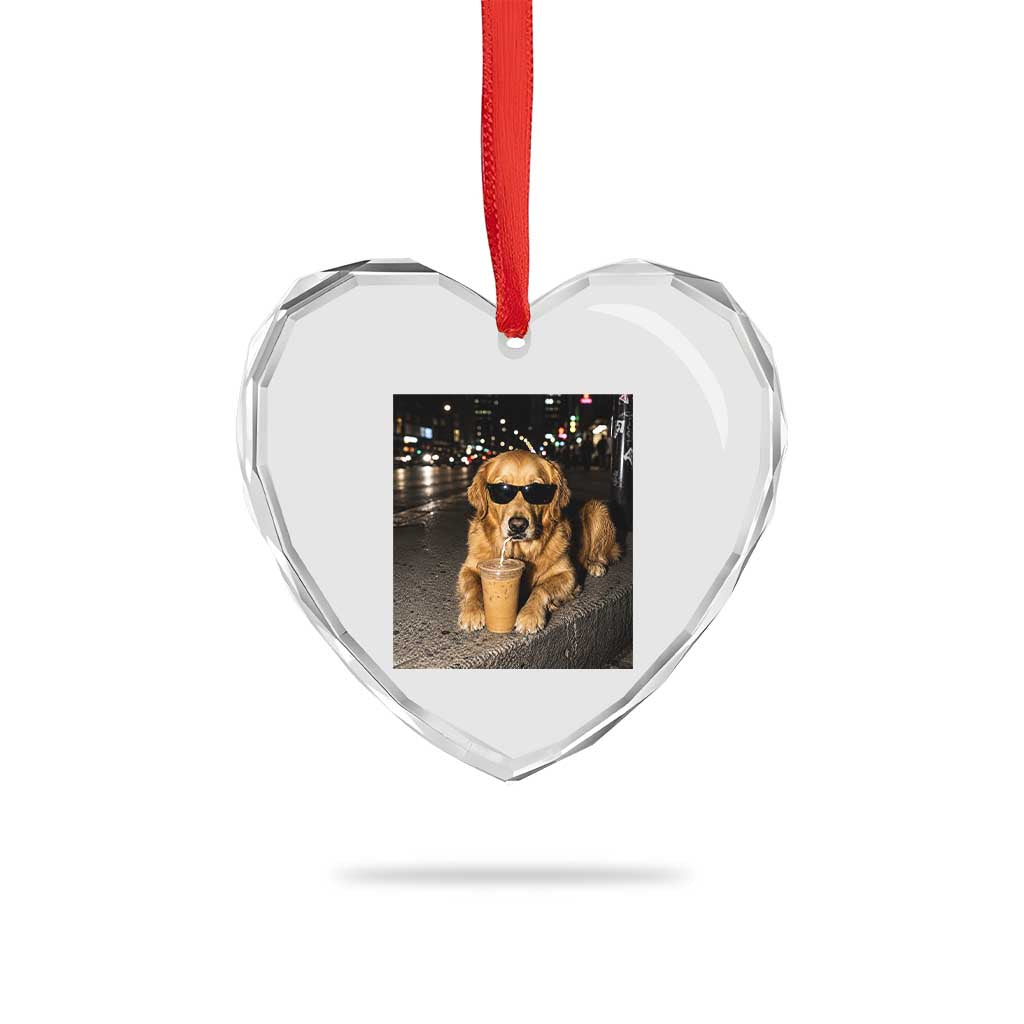 Funny Golden Retriever Iced Coffee Heart Crystal Glass Ornament Grunge Silly Meme Graphic Funny Dog Lover