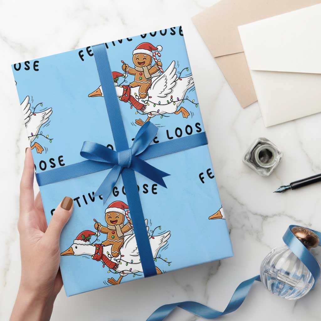 Funny Goose Christmas Wrapping Paper Roll Festive Goose On The Loose Xmas TS14 Light Blue Print Your Wear