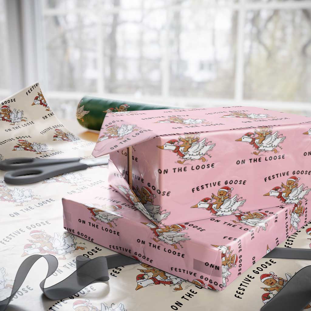 Funny Goose Christmas Wrapping Paper Roll Festive Goose On The Loose Xmas TS14 Light Pink Print Your Wear