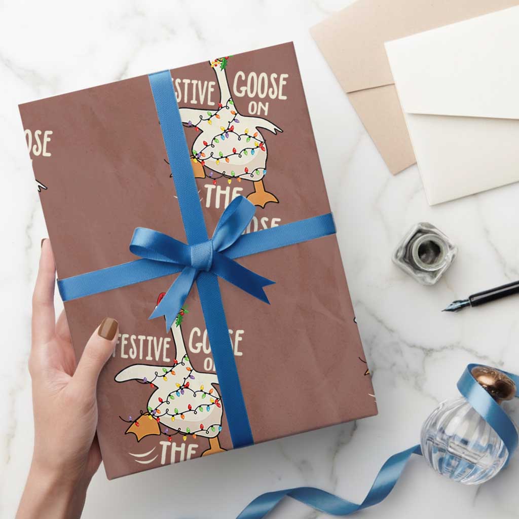 Funny Goose Christmas Wrapping Paper Roll Festive Goose On The Loose Xmas Lights TS11 Mocha Print Your Wear