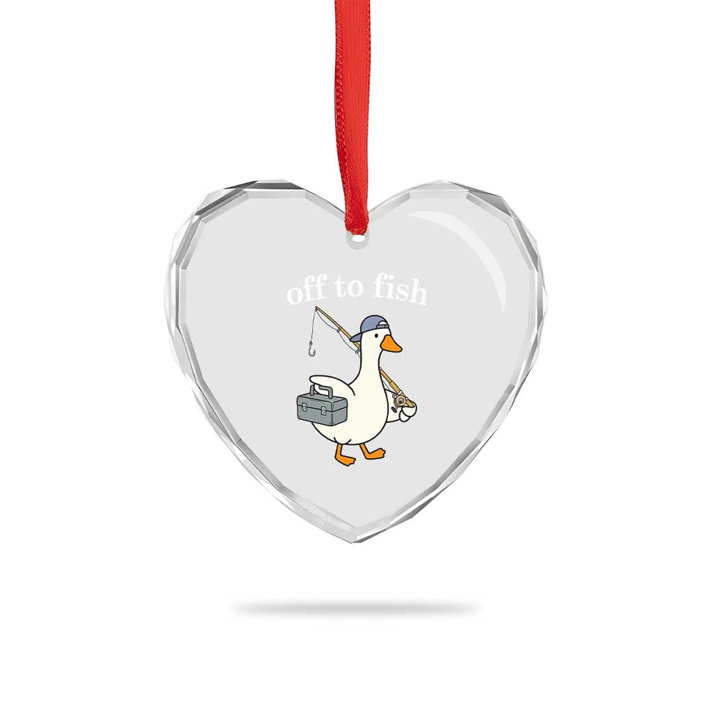 Funny Goose Fishing Heart Crystal Glass Ornament Off to Fish Cute Waterfowl Angler Gift for Fishing Lovers