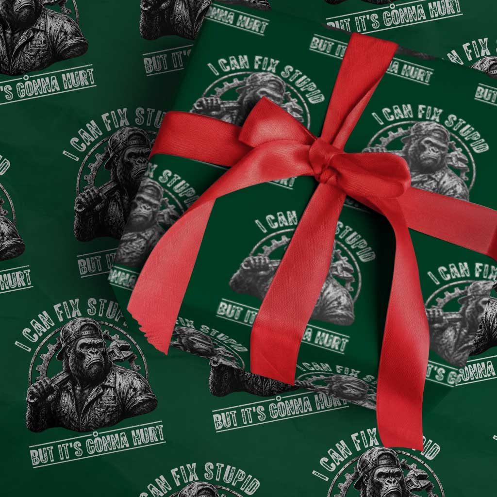Funny Gorilla Mechanic Wrapping Paper Roll I Can Fix Stupid But Its Gonna Hurt TS12 Green Print Your Wear