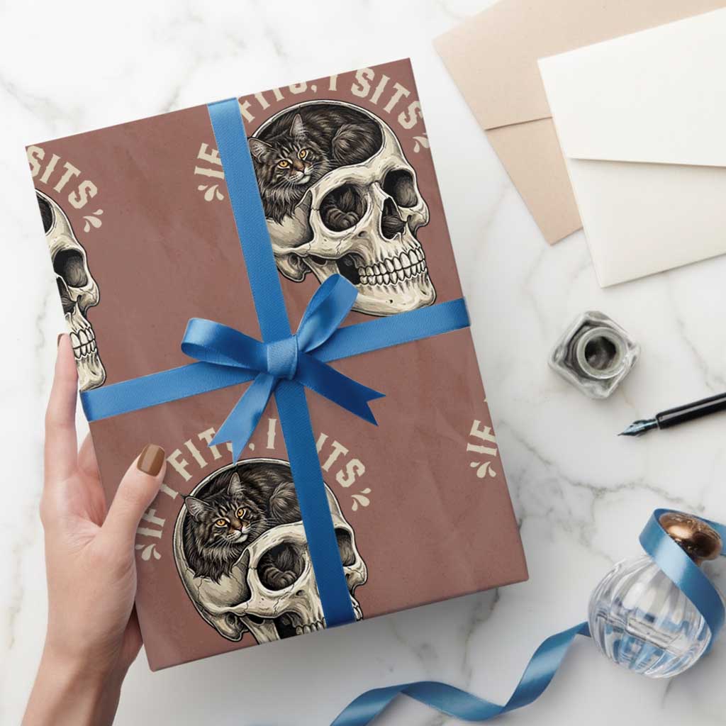 Funny Gothic Black Cat Skull Wrapping Paper Roll If I Fits I Sits TS12 Mocha Print Your Wear