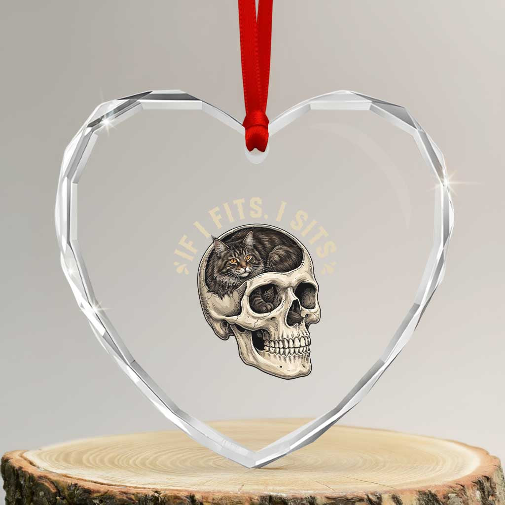 Funny Gothic Black Cat Skull Heart Crystal Glass Ornament If I Fits I Sits TS12 Transparent Glass 3'' Heart Print Your Wear