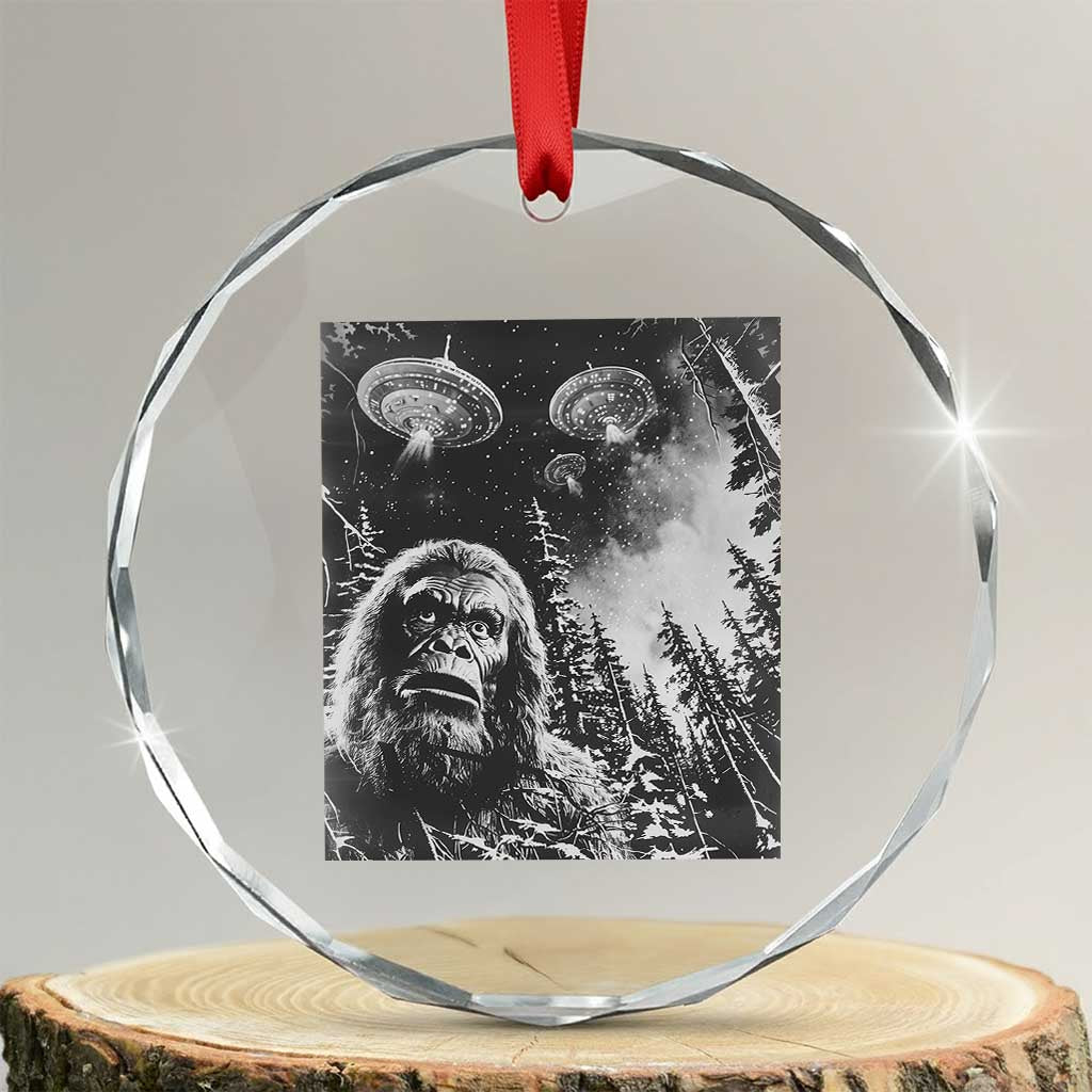 Funny Graphic Bigfoot Selfie with UFOs Weird Crystal Glass Ornament TS10 Transparent Glass 3'' Circle Print Your Wear