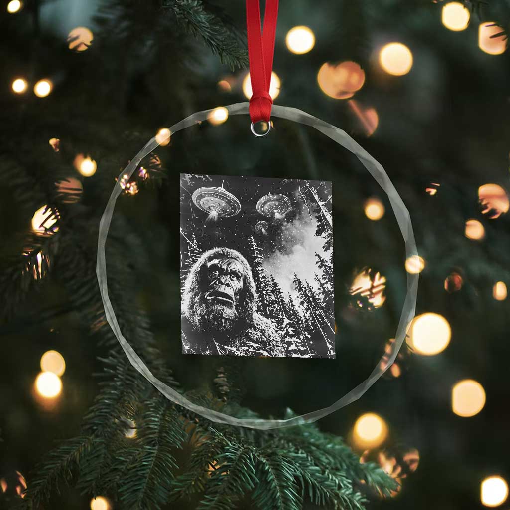 Funny Graphic Bigfoot Selfie with UFOs Weird Crystal Glass Ornament TS10 Print Your Wear