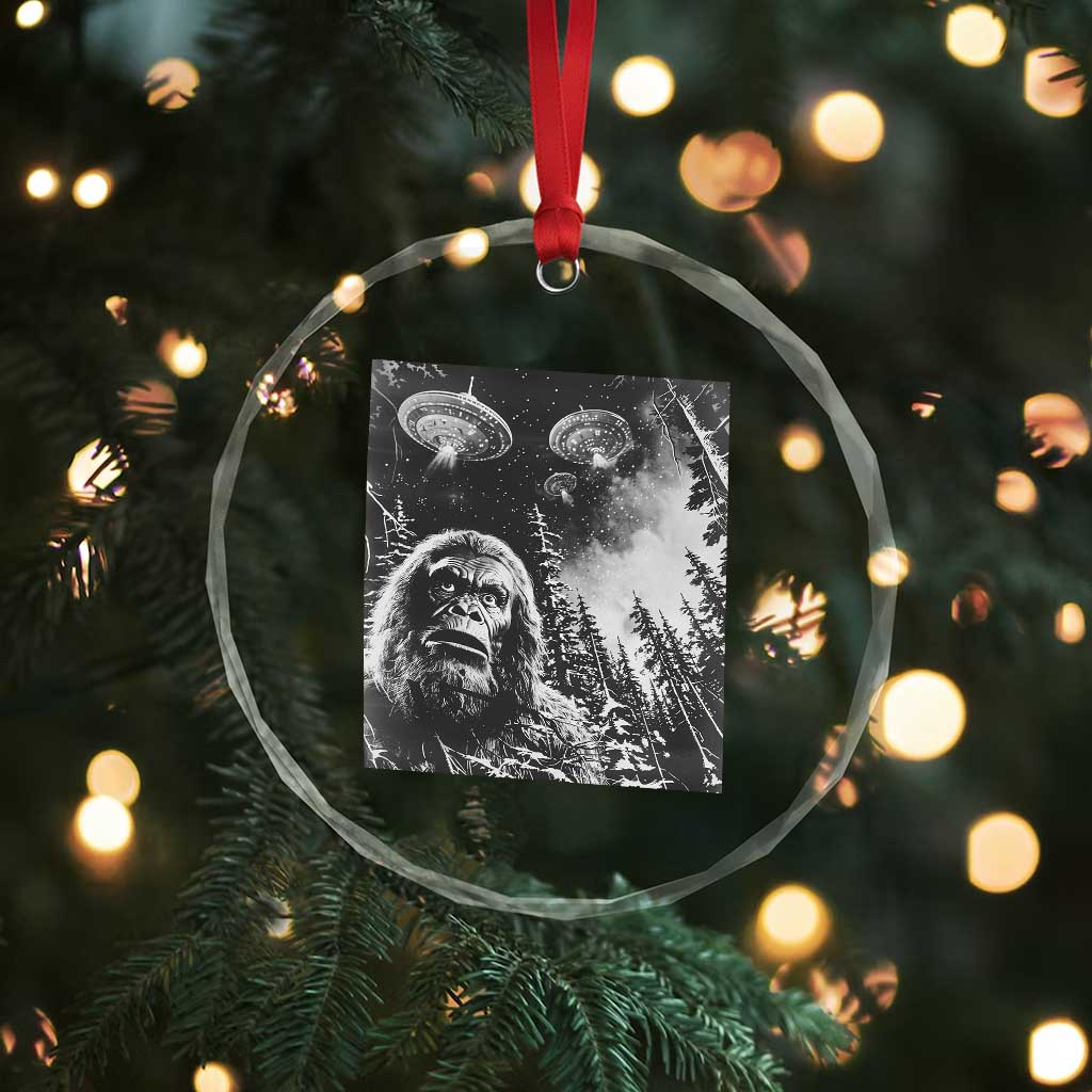 Funny Graphic Bigfoot Selfie with UFOs Weird Crystal Glass Ornament TS10 Print Your Wear