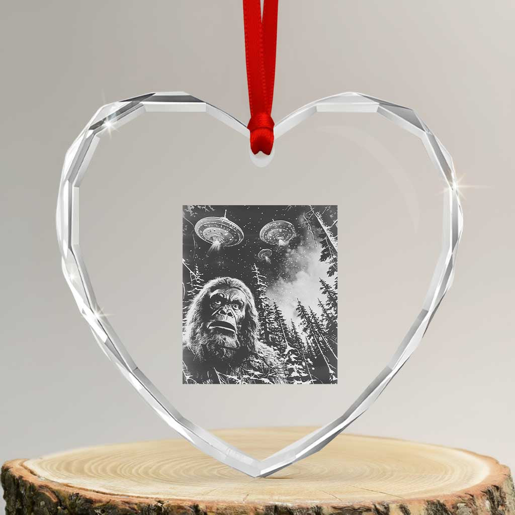Funny Graphic Bigfoot Selfie with UFOs Weird Heart Crystal Glass Ornament TS10 Transparent Glass 3'' Heart Print Your Wear