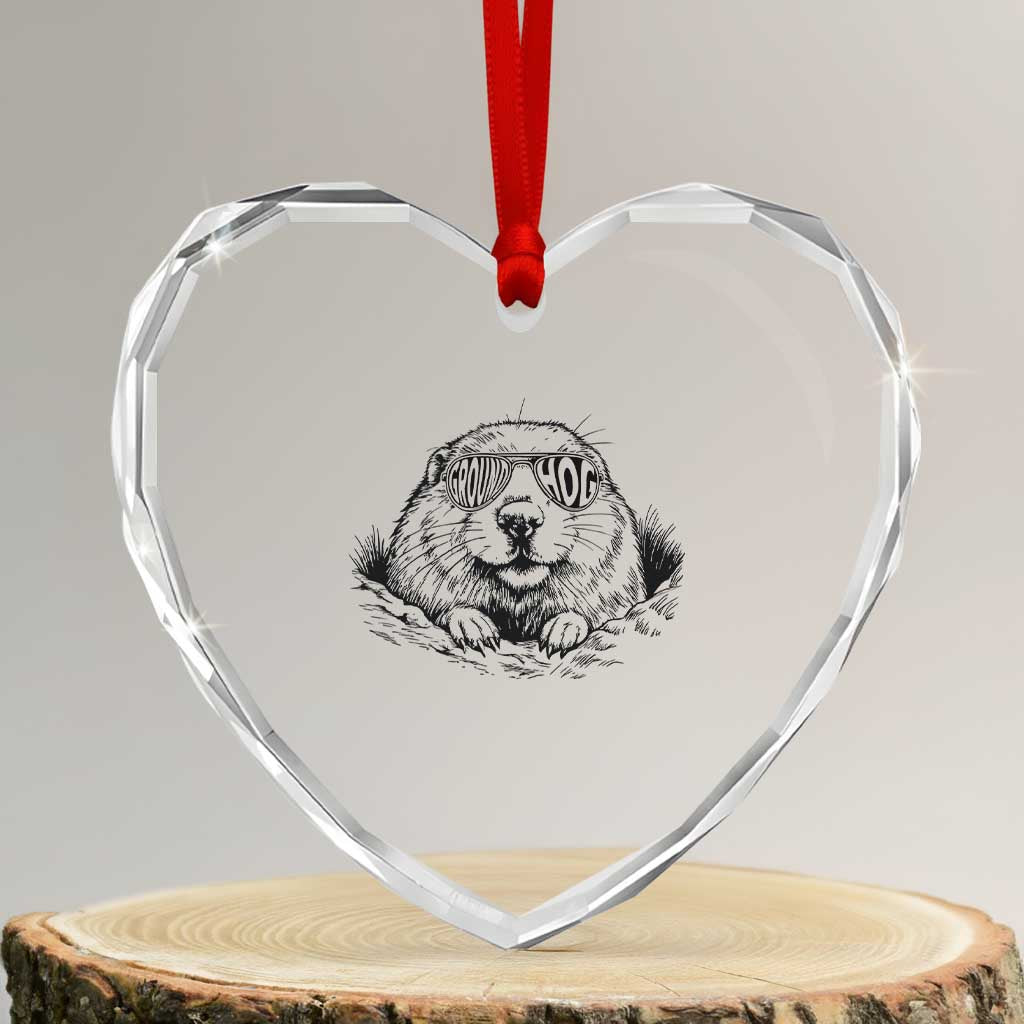 Funny Groundhog Face Woodchuck Sunglassess Heart Crystal Glass Ornament TS11 Transparent Glass 3'' Heart Print Your Wear