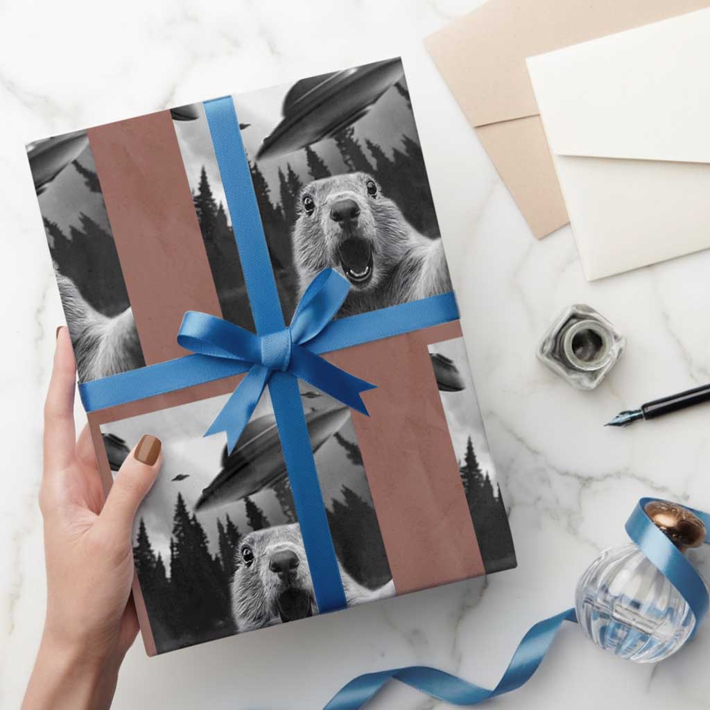 Funny Groundhog Selfie With Alien UFOs Weird Ground Hog Day Wrapping Paper Roll TS11 Mocha Print Your Wear
