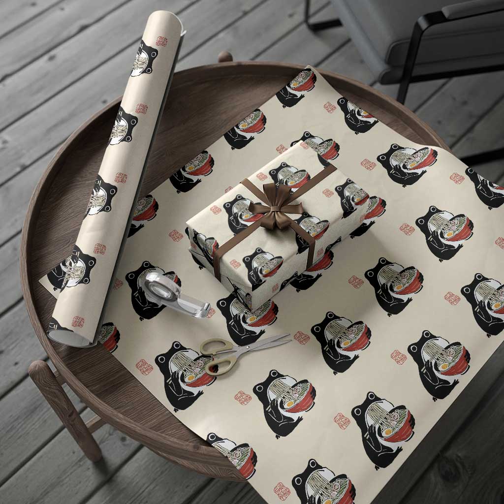 Funny Grumpy Frog Ramen Wrapping Paper Roll Sumi-e Kawaii Ink Painting Japanese TS10 Beige Print Your Wear