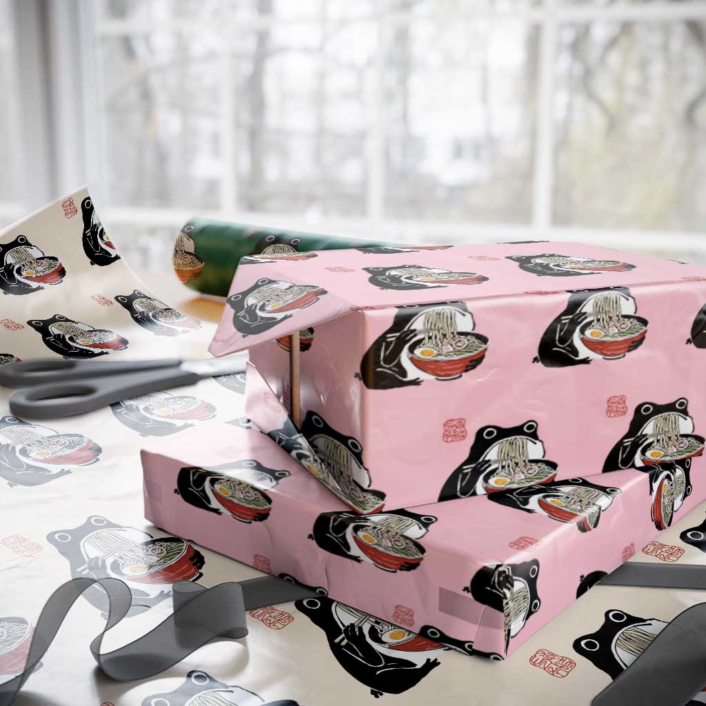 Funny Grumpy Frog Ramen Wrapping Paper Roll Sumi-e Kawaii Ink Painting Japanese TS10 Light Pink Print Your Wear