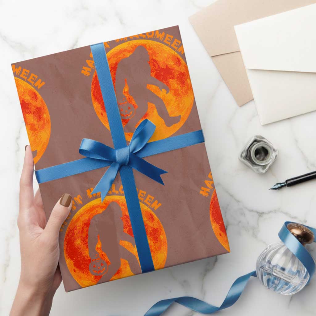 Funny Halloween Bigfoot Wrapping Paper Roll Sasquatch Full Moon Jack O Lantern TS11 Mocha Print Your Wear