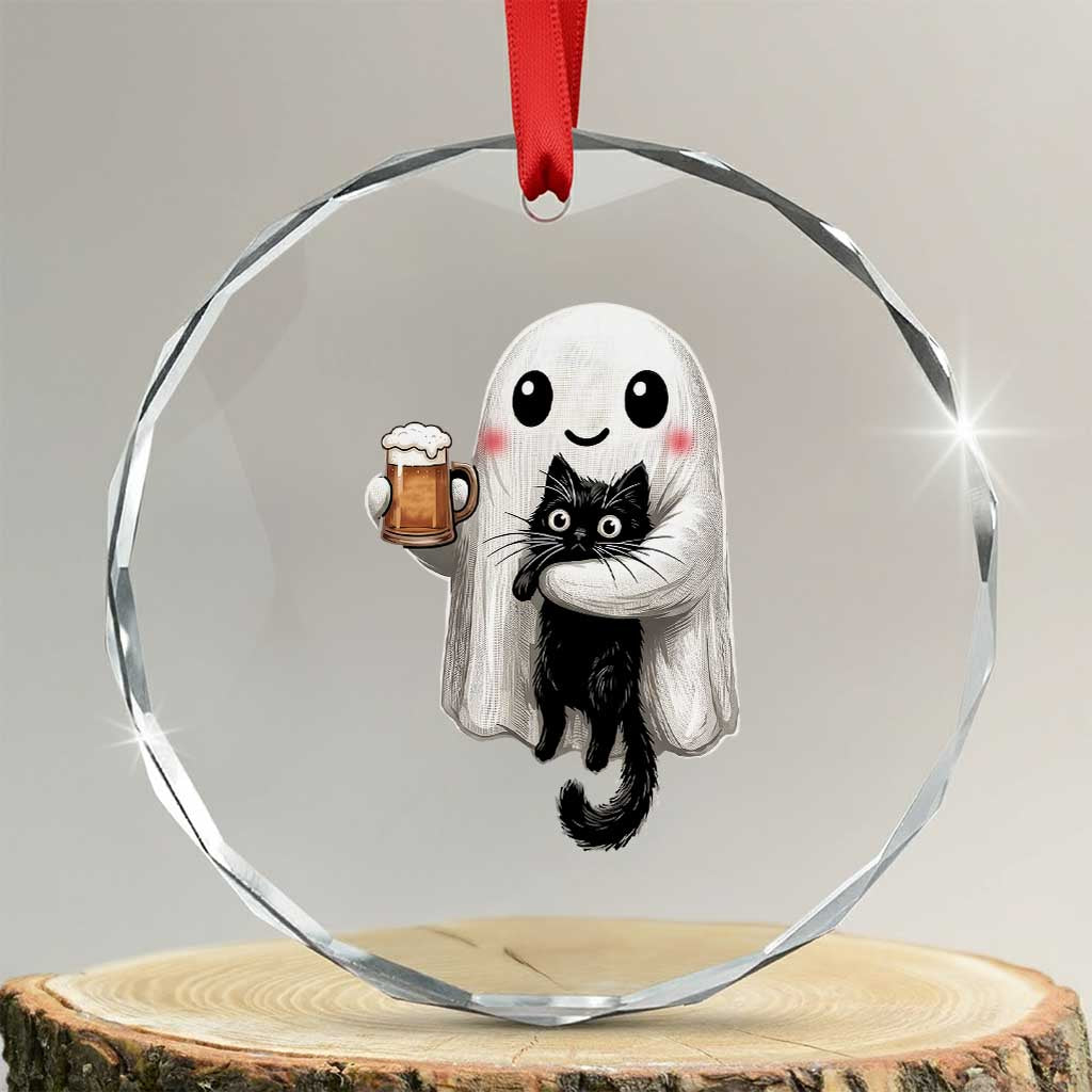 Funny Halloween Crystal Glass Ornament Cute Ghost Holding Black Cat Drinking Beer TS12 Transparent Glass 3'' Circle Print Your Wear