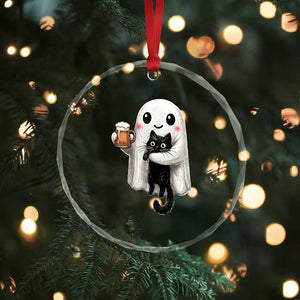 Funny Halloween Crystal Glass Ornament Cute Ghost Holding Black Cat Drinking Beer