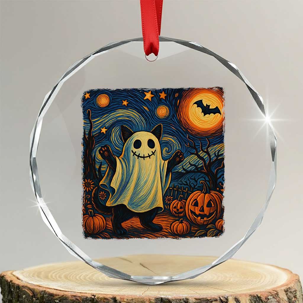 Funny Halloween Ghost Cat Crystal Glass Ornament Starry Night Van Gogh Cat Lover Gifts TS10 Transparent Glass 3'' Circle Print Your Wear