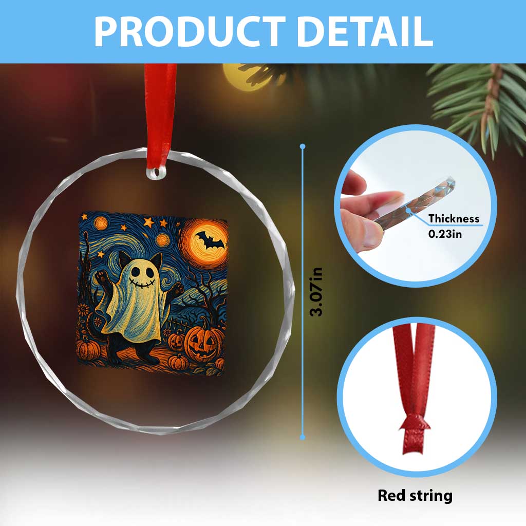 Funny Halloween Ghost Cat Crystal Glass Ornament Starry Night Van Gogh Cat Lover Gifts TS10 Print Your Wear
