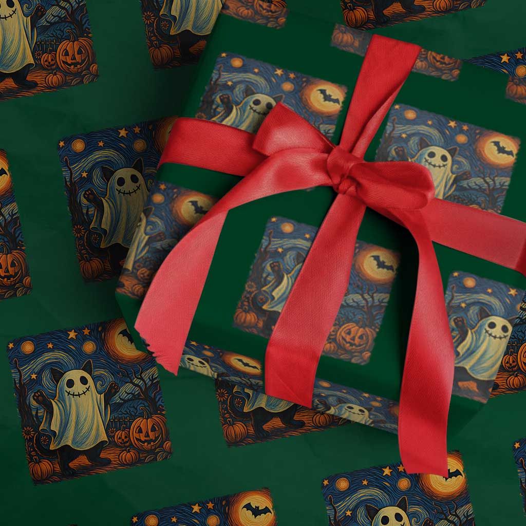 Funny Halloween Ghost Cat Wrapping Paper Roll Starry Night Van Gogh Cat Lover Gifts TS10 Green Print Your Wear
