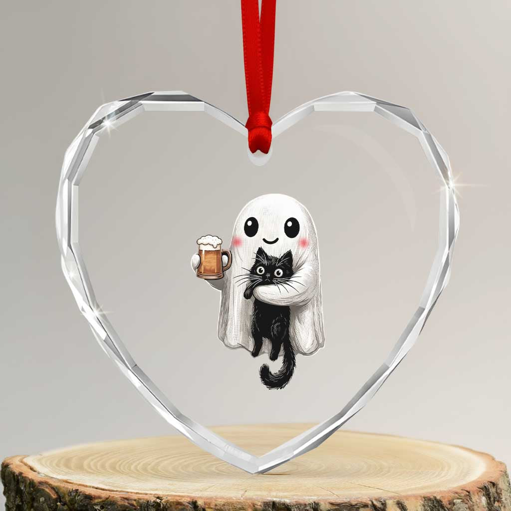 Funny Halloween Heart Crystal Glass Ornament Cute Ghost Holding Black Cat Drinking Beer TS12 Transparent Glass 3'' Heart Print Your Wear
