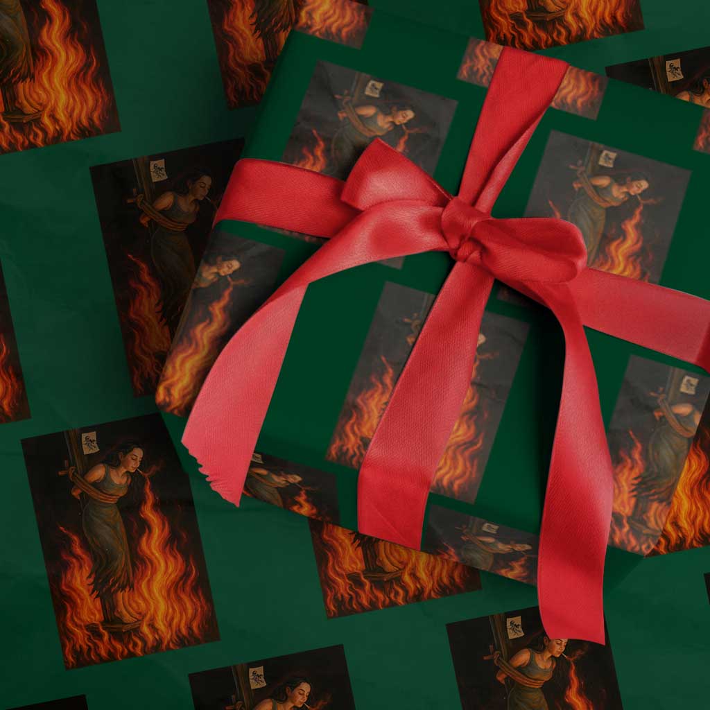 Funny Halloween Witch Wrapping Paper Roll Witch Lighting Cigarette With Flames Occult Unholy TS10 Green Print Your Wear