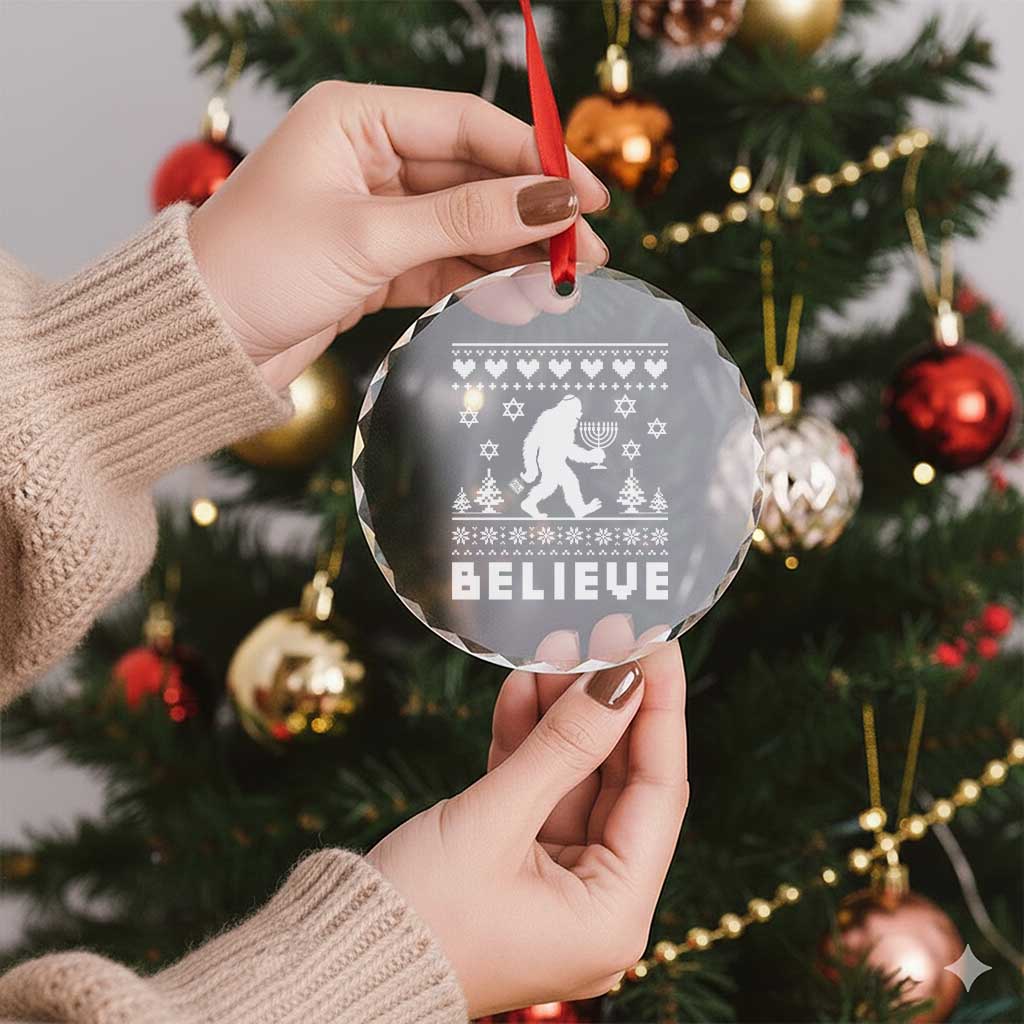 Funny Hanukkah Bigfoot Crystal Glass Ornament Believe Ugly Sweater Jewish Holiday Gift TS12 Print Your Wear