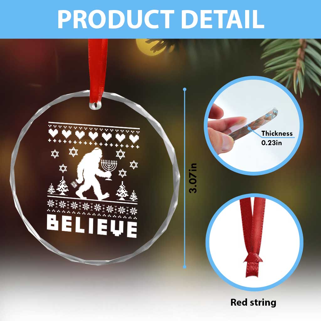 Funny Hanukkah Bigfoot Crystal Glass Ornament Believe Ugly Sweater Jewish Holiday Gift TS12 Print Your Wear
