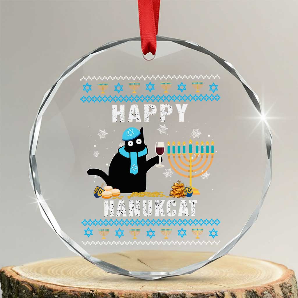 Funny Hanukkah Cat Crystal Glass Ornament Happy Hanukcat Drinking Black Cat Jewish Menorah Chanukah TS02 Transparent Glass 3'' Circle Print Your Wear