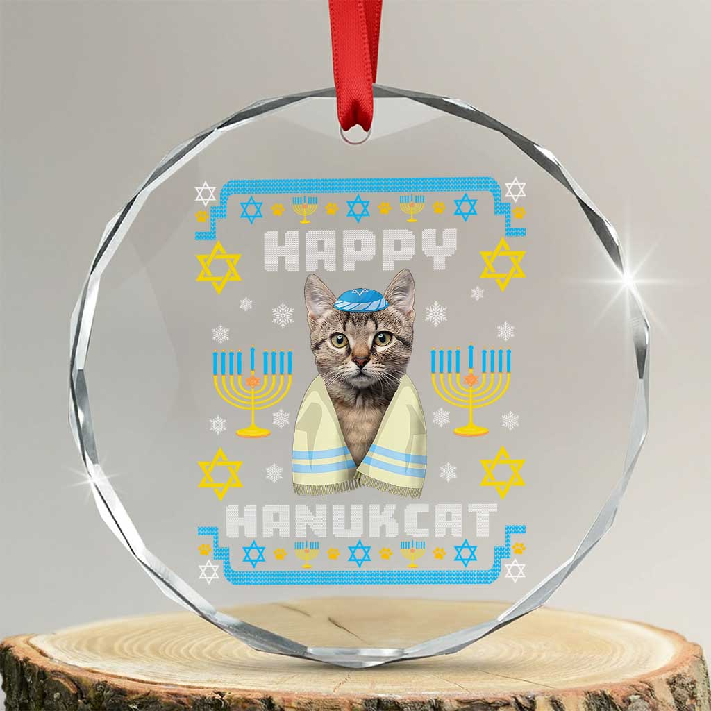 Funny Hanukkah Cat Crystal Glass Ornament Happy Hanukcat Menorah Ugly Chanukah Jewish Festival TS02 Transparent Glass 3'' Circle Print Your Wear
