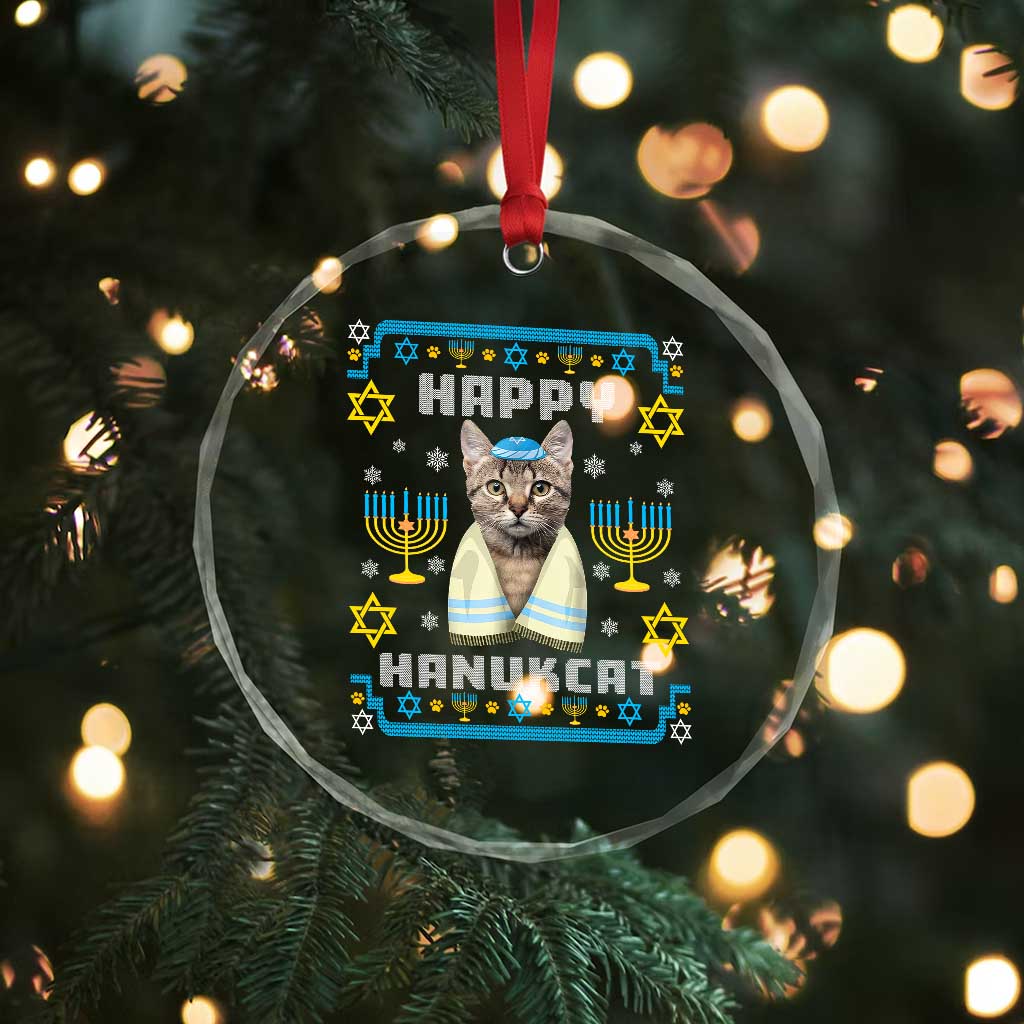 Funny Hanukkah Cat Crystal Glass Ornament Happy Hanukcat Menorah Ugly Chanukah Jewish Festival TS02 Print Your Wear