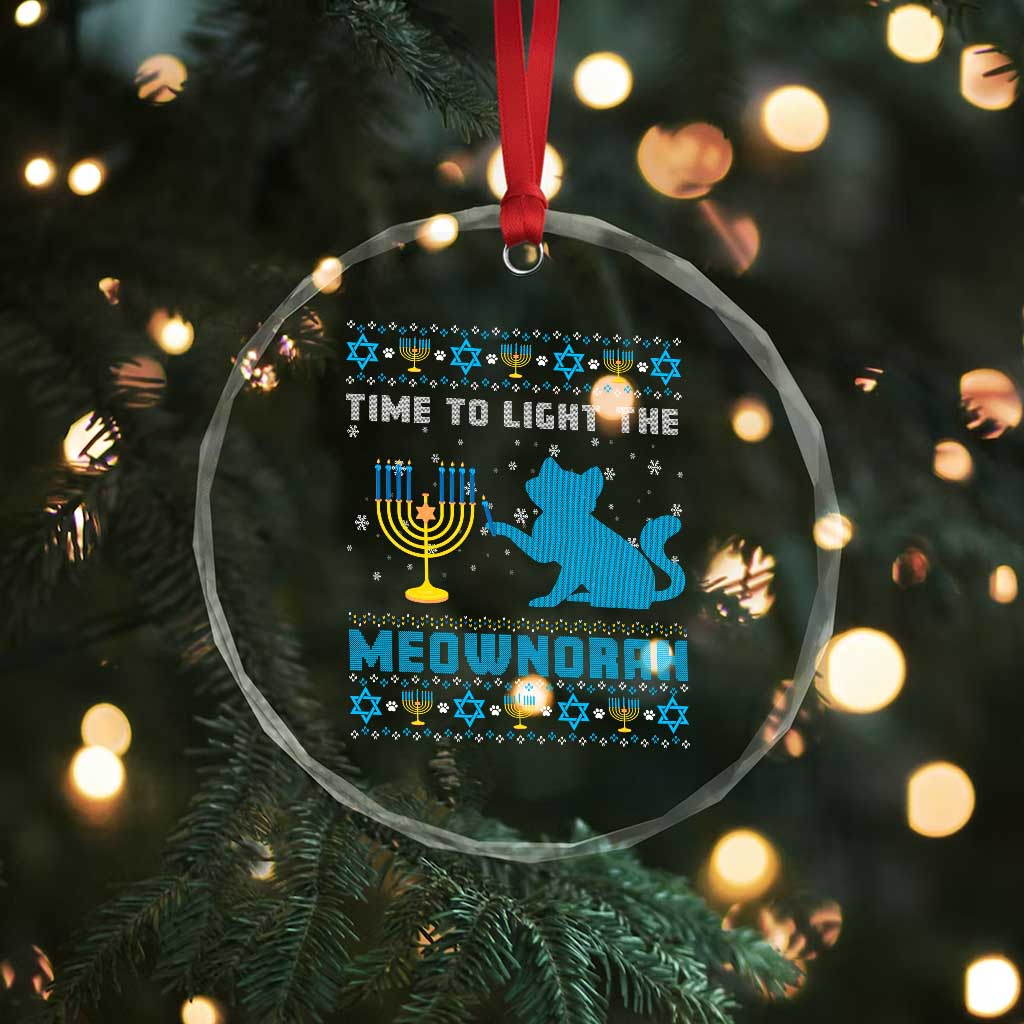 Funny Hanukkah Cat Crystal Glass Ornament Light The Meownorah Jewish Menorah Chanukah TS02 Print Your Wear