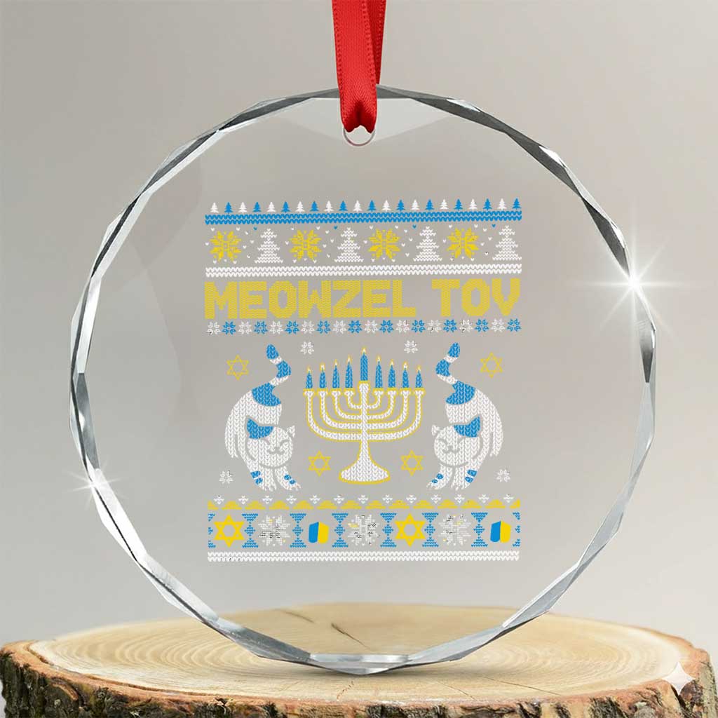 Funny Hanukkah Cat Crystal Glass Ornament Meowzel Tov Chanukah Jewish Ugly Sweater Hanukkah TS02 Transparent Glass 3'' Circle Print Your Wear