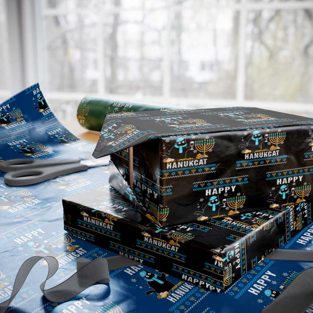 Funny Hanukkah Cat Wrapping Paper Roll Happy Hanukcat Drinking Black Cat Jewish Menorah Chanukah TS02 Black Print Your Wear