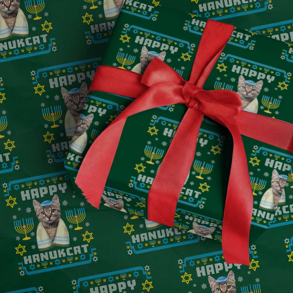 Funny Hanukkah Cat Wrapping Paper Roll Happy Hanukcat Menorah Ugly Chanukah Jewish Festival TS02 Green Print Your Wear