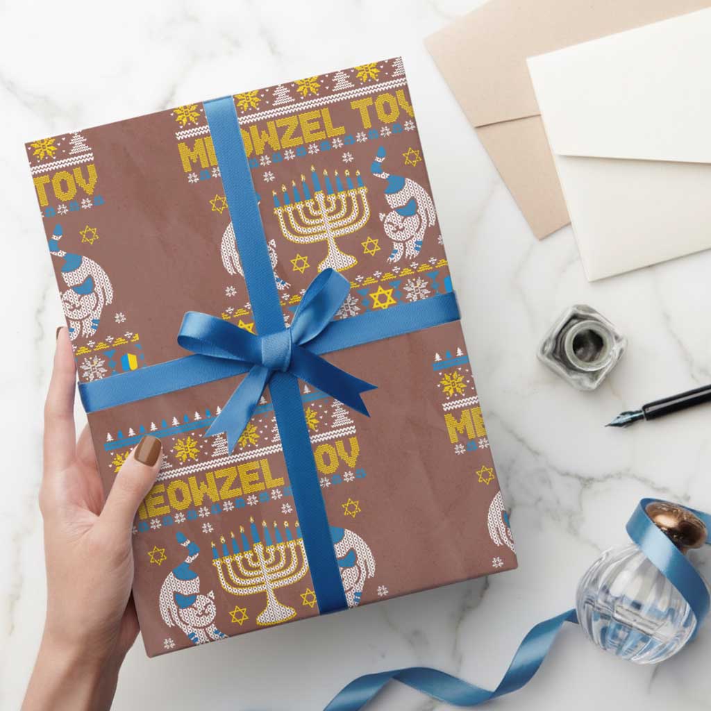 Funny Hanukkah Cat Wrapping Paper Roll Meowzel Tov Chanukah Jewish Ugly Sweater Hanukkah TS02 Mocha Print Your Wear