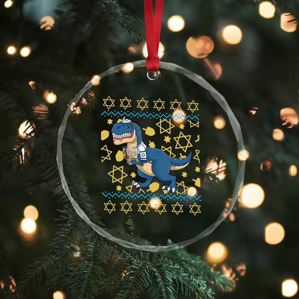Funny Hanukkah Dinosaur Lover Ugly Sweater Crystal Glass Ornament Festival Of Lights Gift TS12 Print Your Wear