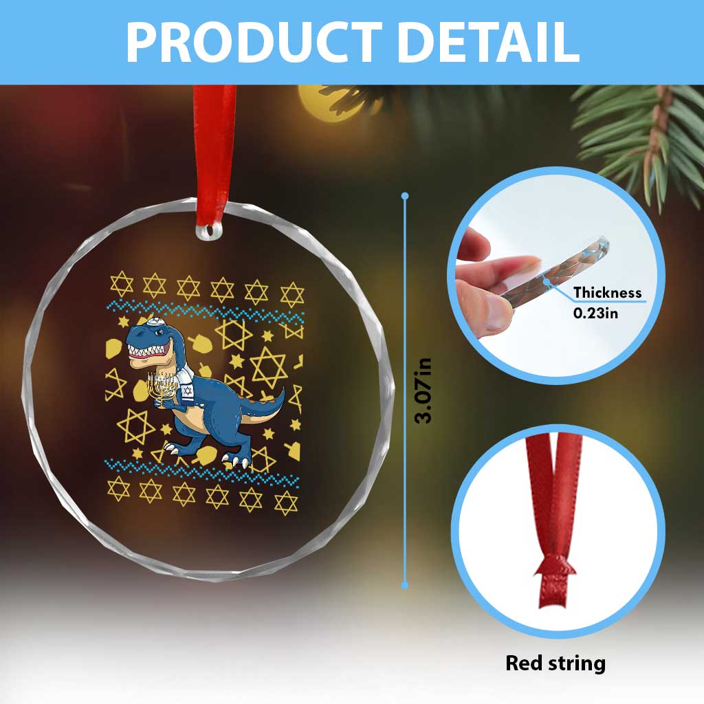 Funny Hanukkah Dinosaur Lover Ugly Sweater Crystal Glass Ornament Festival Of Lights Gift TS12 Print Your Wear