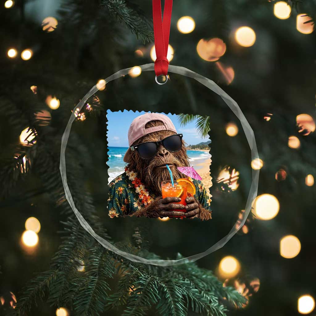 Funny Hawaiian Bigfoot Crystal Glass Ornament Tropical Beach Party Graphic