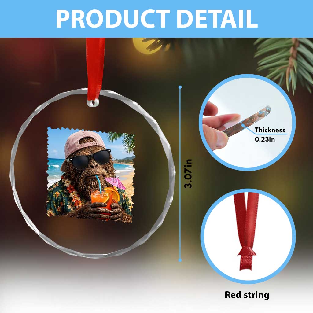 Funny Hawaiian Bigfoot Crystal Glass Ornament Tropical Beach Party Graphic