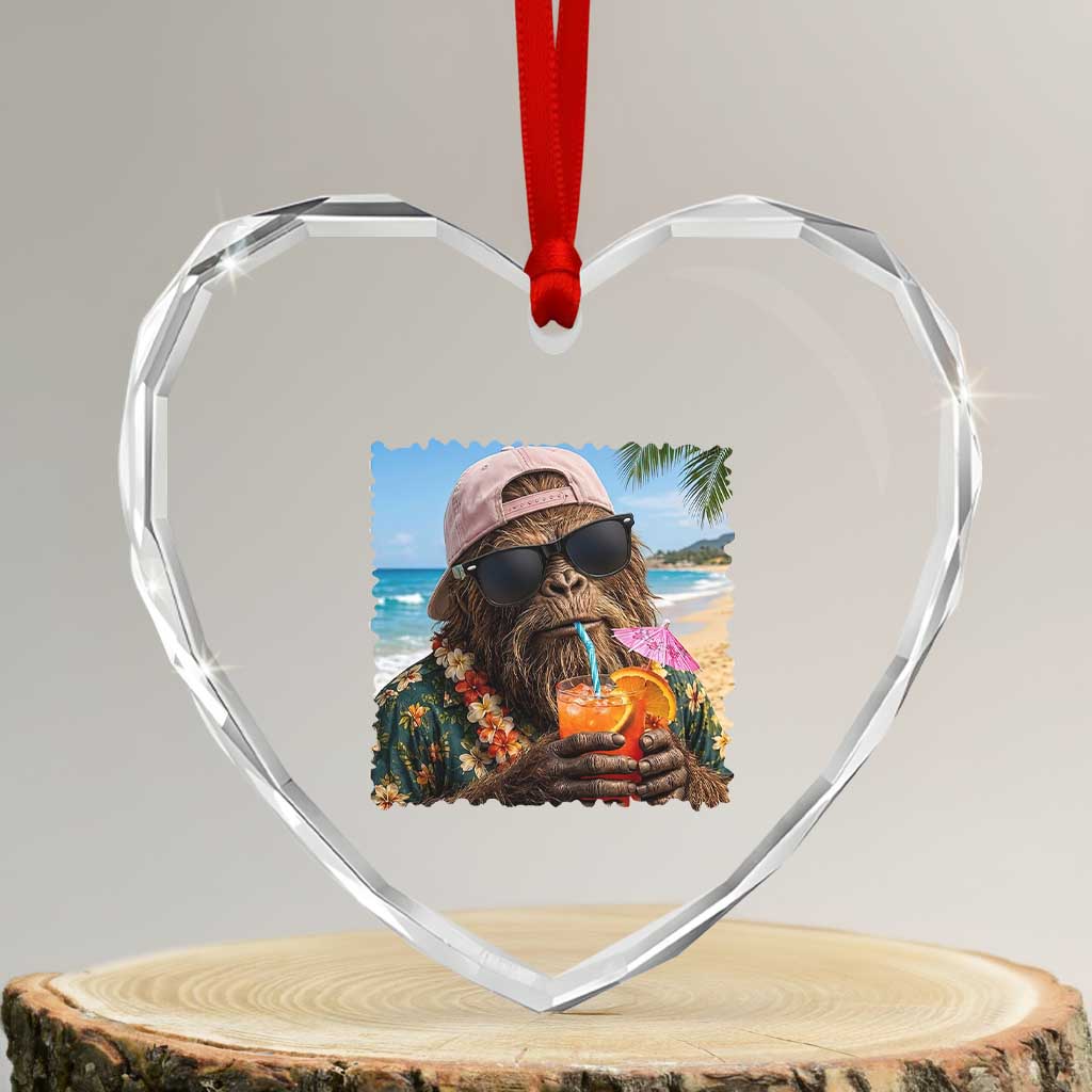 Funny Hawaiian Bigfoot Heart Crystal Glass Ornament Tropical Beach Party Graphic