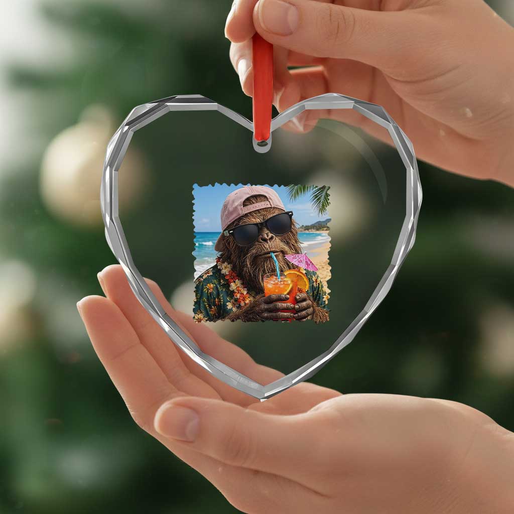 Funny Hawaiian Bigfoot Heart Crystal Glass Ornament Tropical Beach Party Graphic