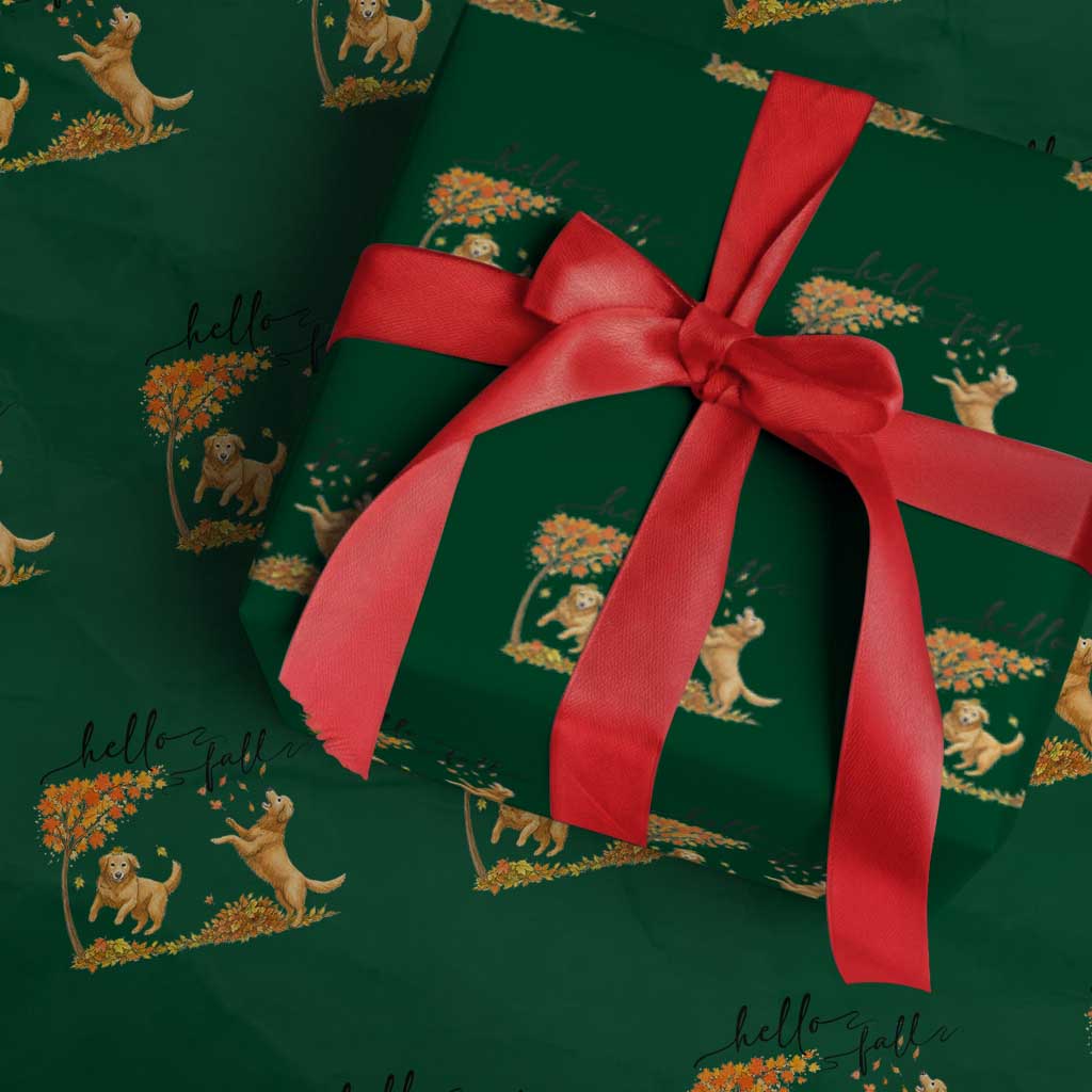Funny Hello Fall Thanksgiving Golden Retriever Wrapping Paper Roll TS12 Green Print Your Wear