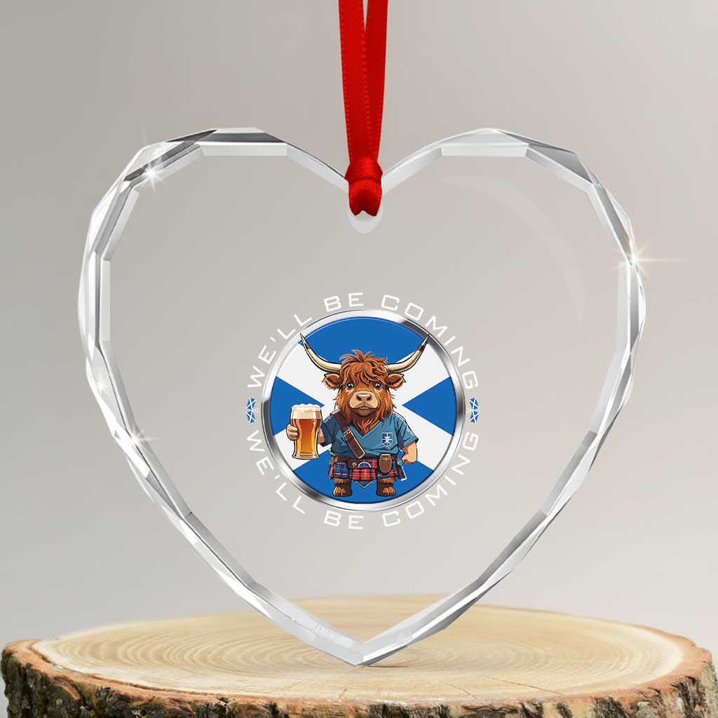 Funny Highland Cow in Kilt Drinking Heart Crystal Glass Ornament We'll Be Coming Scottish Pride Football Fans TS02 Transparent Glass 3'' Heart Print Your Wear