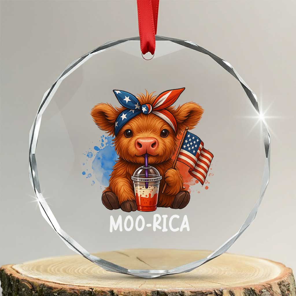 Funny Highland Cow Patriotic Crystal Glass Ornament Moo Rica USA Flag Cow Farmer TS12 Transparent Glass 3'' Circle Print Your Wear