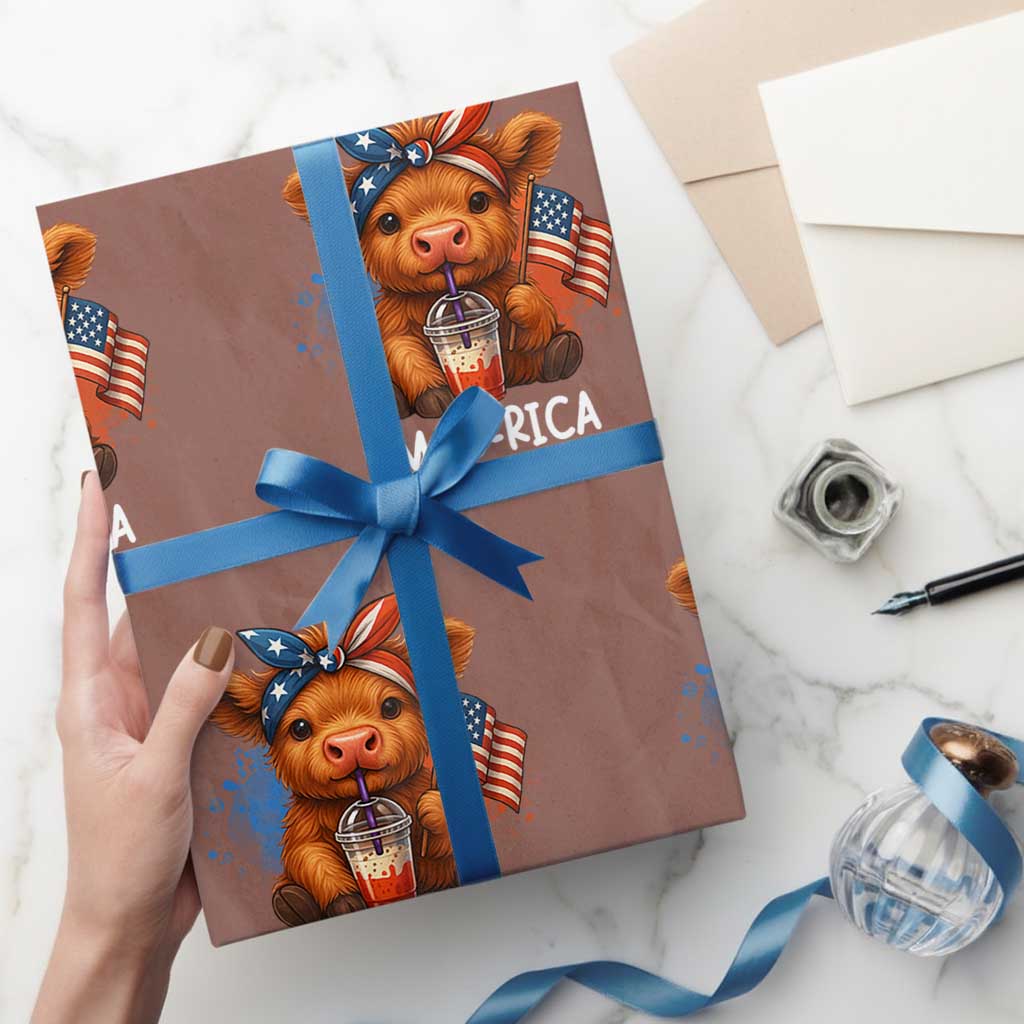 Funny Highland Cow Patriotic Wrapping Paper Roll Moo Rica USA Flag Cow Farmer TS12 Mocha Print Your Wear