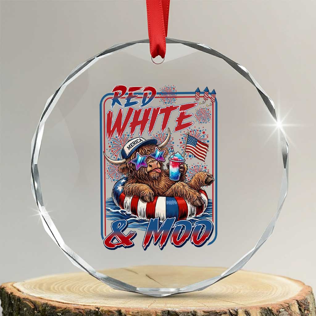 Funny Highland Cow Pool Party 4th Of July Crystal Glass Ornament Red White And Moo TS12 Transparent Glass 3'' Circle Print Your Wear